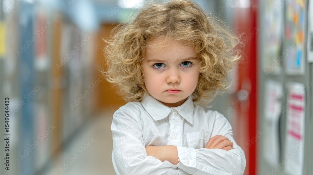Angry Preschool Girl with Arms Crossed in School Hallway Angry Preschool Girl with Arms Crossed in School Hallway