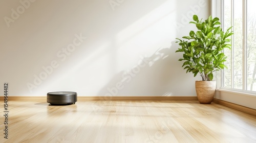 A serene, minimalist room featuring a sleek robotic vacuum and a vibrant green plant, emphasizing the balance of technology and nature in modern living spaces.