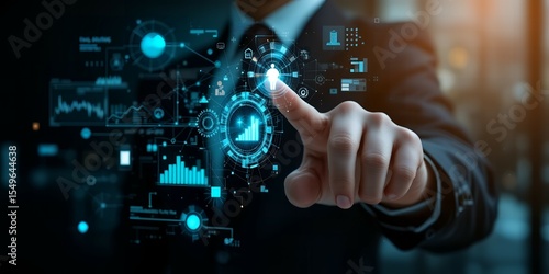 A man in a suit interacting with a futuristic holographic interface with data charts