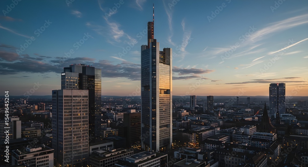 Fototapeta premium Frankfurt, Germany, Skyline, Frankfurt Skyline at Sunset with Commerzbank Tower