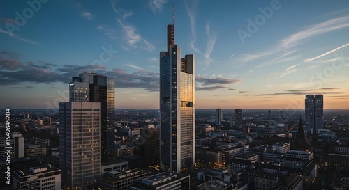 Frankfurt, Germany, Skyline, Frankfurt Skyline at Sunset with Commerzbank Tower