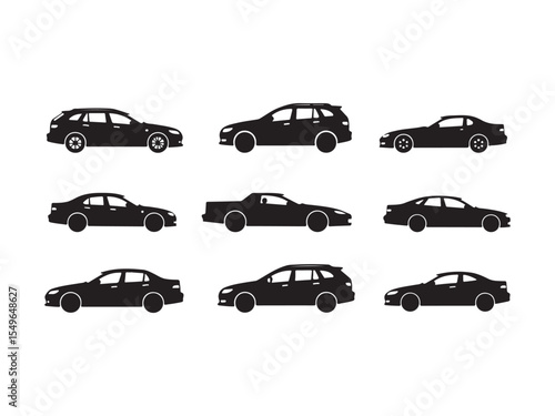 Collection of black car silhouettes representing various automobile body styles and designs