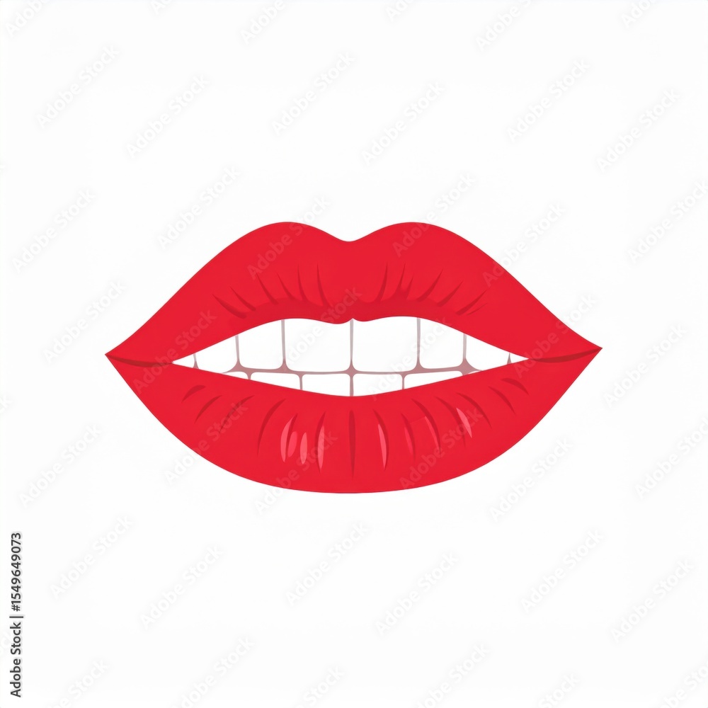Bright red lips with visible white teeth on a plain white background, illustrated in a simple and clean style. Bright red lips with visible white teeth on a plain white background, illustrated in a simple and clean style.