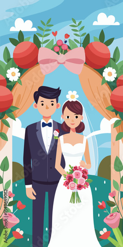 Happy cartoon bride and groom in wedding attire holding flowers under an arch