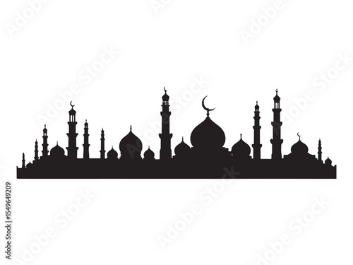 Silhouette of a mosque with minarets and domes illustrating islamic architecture and culture.