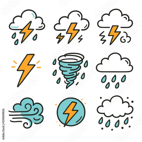 Weather icons including lightning, rain, and wind in a doodle vector style  