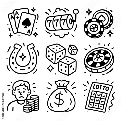 Doodle vector icon set depicting gambling elements and activities  