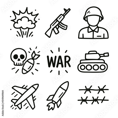 Doodle vector icon set illustrating elements of war and conflict  