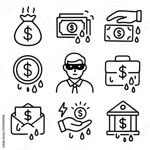 Iconic doodle vector set depicting money and finance concepts  