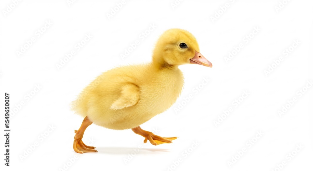 Fluffy yellow duckling walks softly against bright white background. AI Generated Fluffy yellow duckling walks softly against bright white background. AI Generated