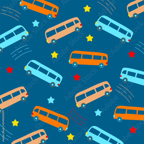 seamless blue bus cartoon vector design pattern for kids apparel fullprint