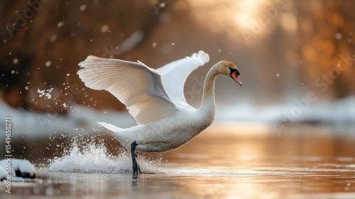 Fototapeta Naklejka Na Ścianę i Meble -  A majestic swan captured mid-splash with wings extended in a stunning display of elegance and beauty, embodying nature's serene and graceful movements.