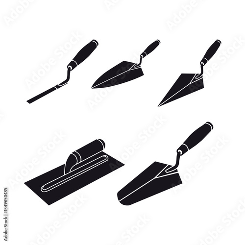 Trowel Vector Illustration Clip Art Set, Trowel Isolated Vector Silhouette Symbol With White Background. Industrial House Mechanical Equipment.