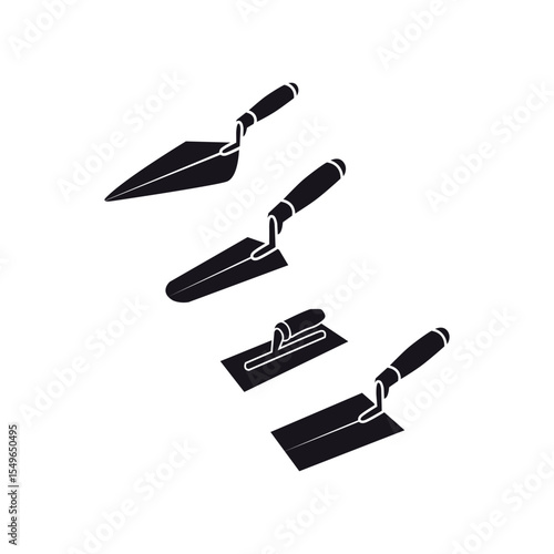 Trowel Vector Illustration Clip Art Set, Trowel Isolated Vector Silhouette Symbol With White Background. Industrial House Mechanical Equipment.