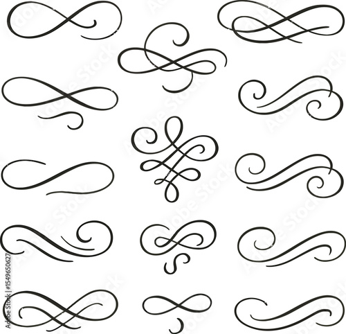 Calligraphic design elements set with vintage swirls and decorative patterns in vector style