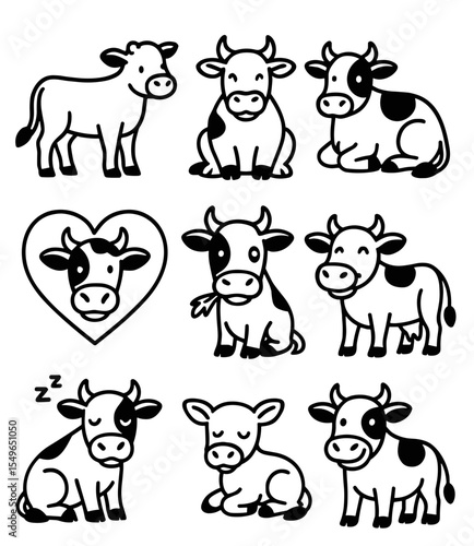 Cartoon little cow doodle vector icon set in various poses and expressions  