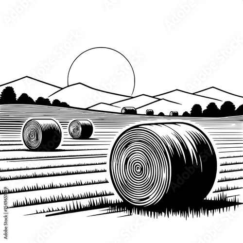 Black and White Vector of Hay Bales in a Field