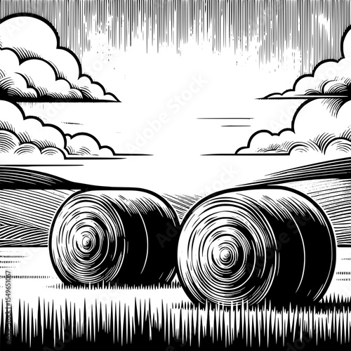 Black and White Vector of Hay Bales in a Field