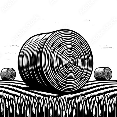 Black and White Vector of Hay Bales in a Field