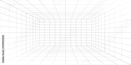 Empty futuristic digital box room white background with black grid space line color surface. Network cyber technology. vector.