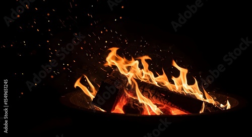 Fire, Flames, Embers, Fiery Embers and Sparks in a Dark Night