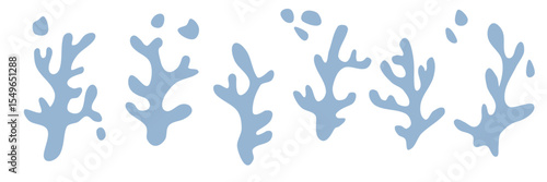 seaweed silhouette and bubbles set of hand drawn doodle illustration. Underwater sea life summer holiday. Blue seaweed, algae design element set