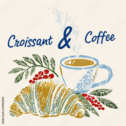 Hot coffee cups with croissants and cookies are perfect for a vintage cafe breakfast menu design