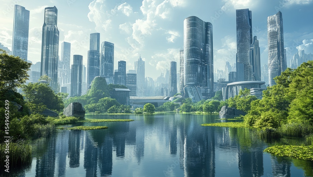 Naklejka premium Futuristic cityscape by a tranquil lake
