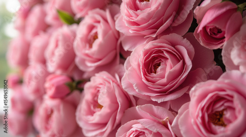 Beautiful pink roses arranged closely together create stunning floral display, evoking feelings of romance and elegance