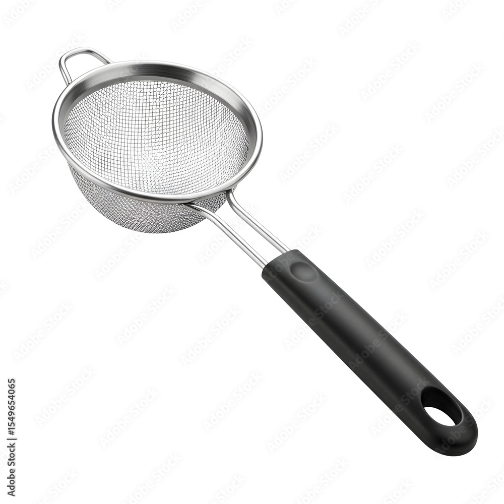 Stainless Steel Kitchen Strainer with Black Handle, Angled View, Isolated. Stainless Steel Kitchen Strainer with Black Handle, Angled View, Isolated.