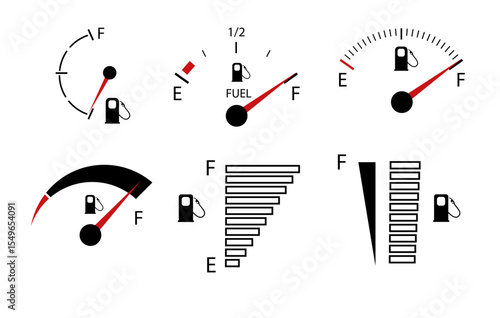 Vehicle fuel. Simple digital indicator of vehicle fuel. Full and empty icons of gas and fuel meters, fuel pump. Vector