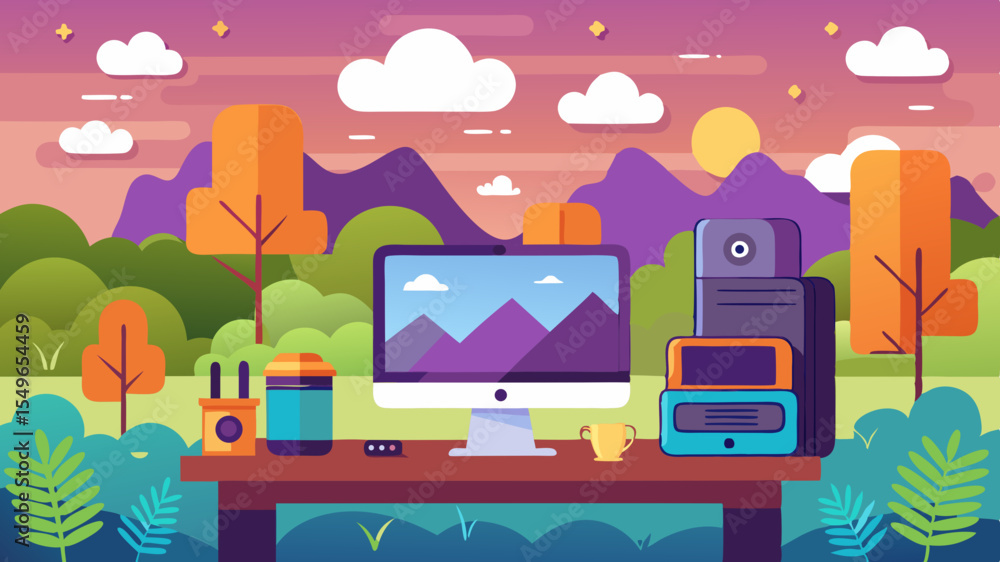 Obraz premium Flat design desktop computer setup with nature landscape background at sunset