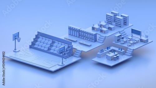 Isometric Illustration of a School Building with Sports Facilities and Classrooms