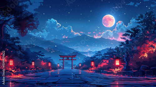 満月と灯りに照らされた神秘的な山間の神社参道と鳥居の夜景