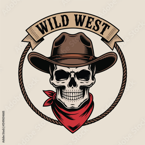 Cowboy Skull Wearing Western Hat and Bandana – Vintage Emblem Vector Illustration


