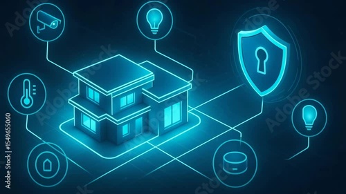A futuristic home with smart technology, featuring icons for security, lighting, and temperature control. This image illustrates advanced home automation and connectivity.
