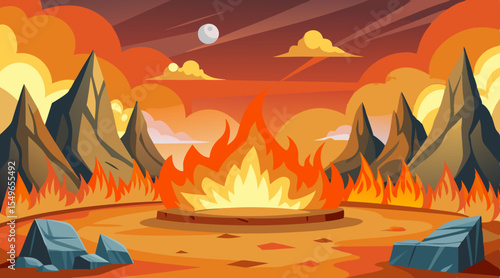 Vibrant illustration of a large bonfire in a rocky mountainous landscape at sunset