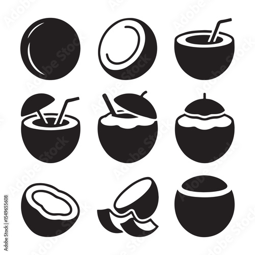 Coconut Icon Set for Tropical. Simple black and white coconut icons for various uses.

