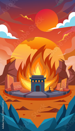 Ancient stone temple surrounded by intense flames under a dramatic sunset sky