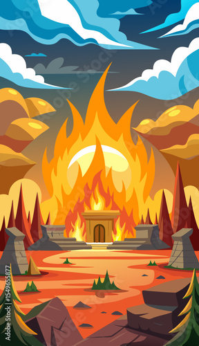 Sacred altar ablaze with holy fire under dramatic fiery sky