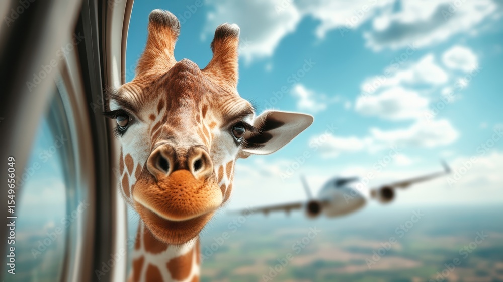 Obraz premium A playful and whimsical scene of a giraffe peering out of an airplane window, illustrating a unique perspective and a fun approach to travel and adventure.