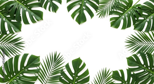 Tropical leaves, Monstera deliciosa, Palm leaves, Tropical Leaves Frame on White Background