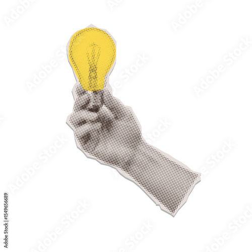 Trendy Halftone Collage Woman Hand holds Light bulb. Education concept. New ideas and solutions in business. Creative mind or brainstorm. Vertical poster. Contemporary vector art illustration