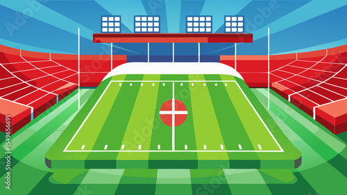 Vibrant illustration of an empty american football stadium with red seating and green field