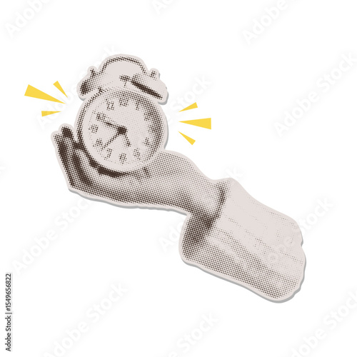 Trendy halftone collage torn out sticker. Female hand holding a ringing alarm clock. Reminder on calendar. Vector business concepts for graphic and web design, school marketing, social media.