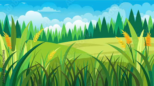 Vibrant green landscape with rolling hills and a forest under a blue sky