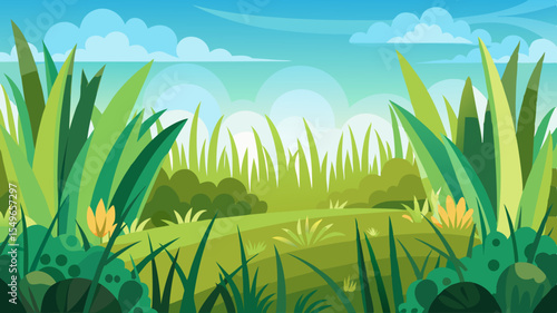 Vibrant cartoon meadow landscape with rolling green hills and fluffy clouds
