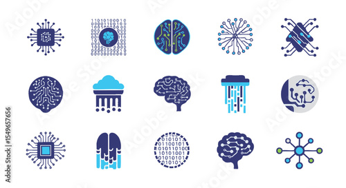 Abstract Circuit Brain Technology Icons minimal logo illustration pack AI, Data, Network, Digital, Blue, Green, Innovation