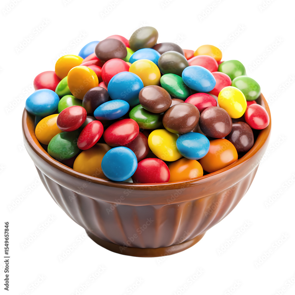 A Brown Bowl Overflowing with Colorful Chocolate Candies isolated on transparent bacckground A Brown Bowl Overflowing with Colorful Chocolate Candies isolated on transparent bacckground