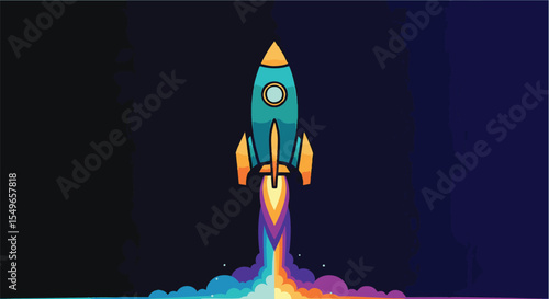 Vibrant Teal Rocket Launching Through a Rainbow Trail of Cosmic Success